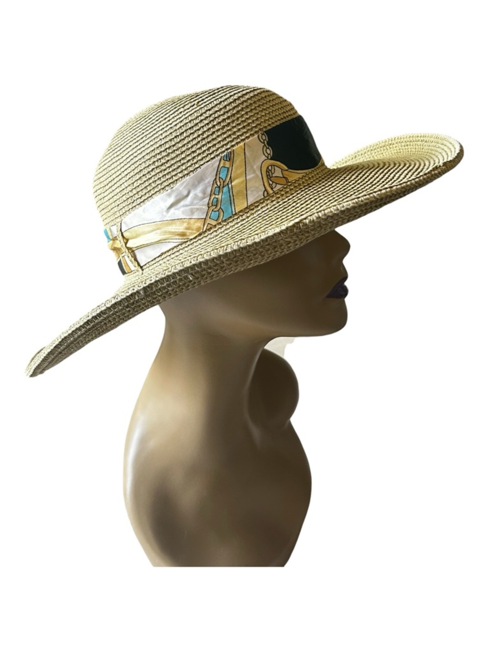 SCALA Straw Wide-Brim Sun Hat with Decorative Teal Scarf Accent